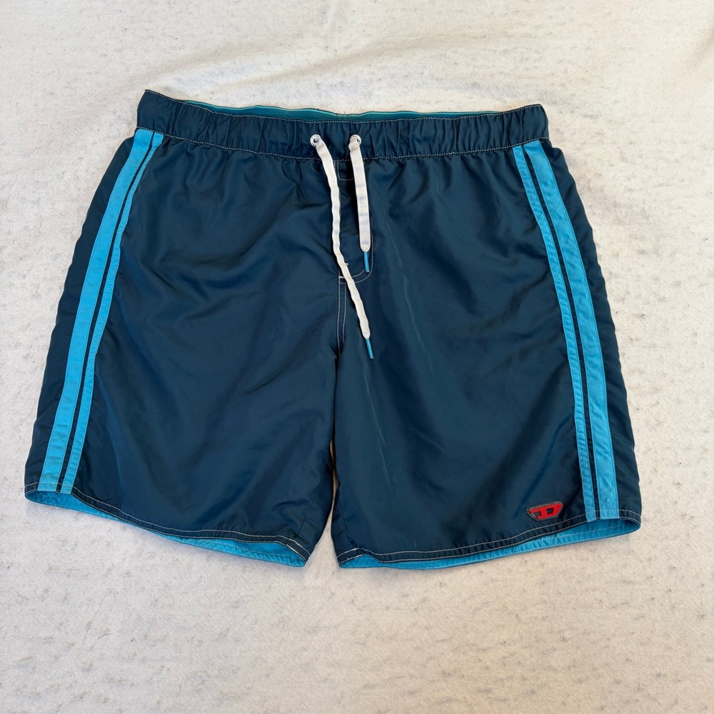 Diesel Swim Trunks Mens Medium Blue Reversible Striped Logo